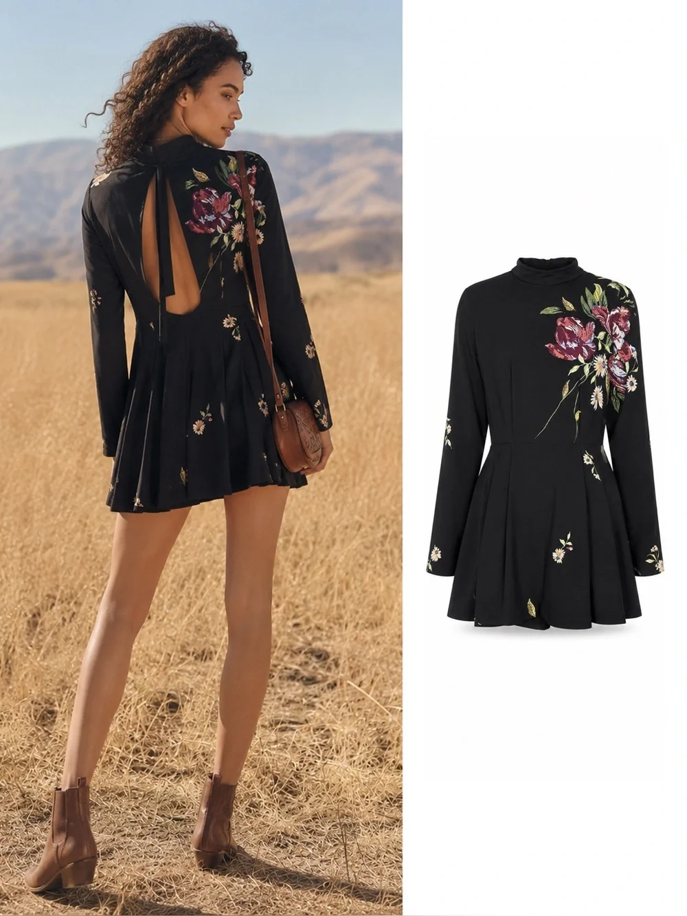 Free People Gemma Tunic Dress Small Black Floral Open Back Mini